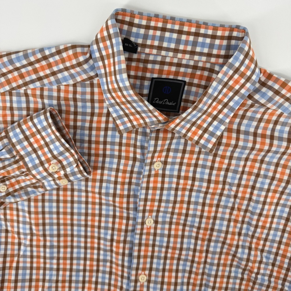 David Donahue Button Down Shirt Stretch 17.5 34/35 Orange Blue Check Long Sleeve
